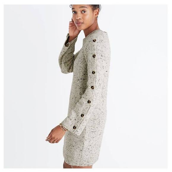 Madewell Donegal Button Sleeve Sweater Dress Knit Cream Speckled H3614 Medium - Picture 9 of 10